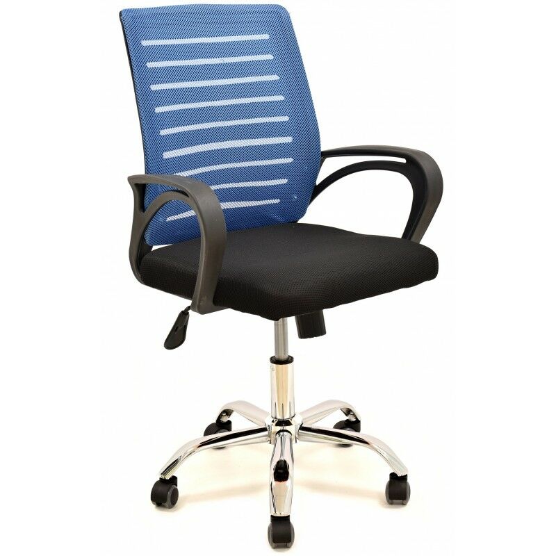 

Sillón de oficina 'Sunset' basculante con base cromada. Armazón en color negro, malla en color azul y asiento en tejido negro.