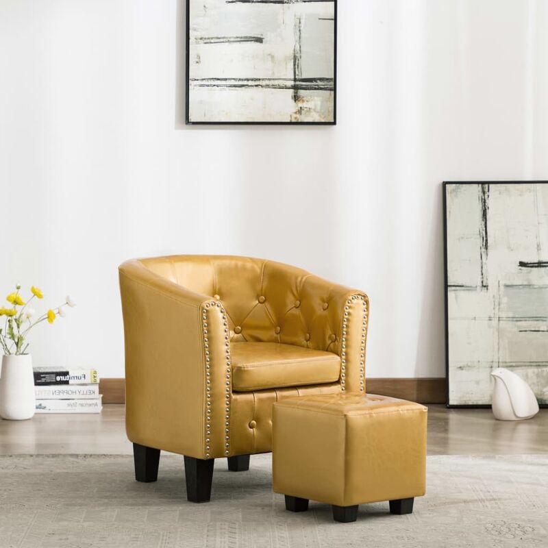 

Sillón diseño de cubo y reposapiés piel sintética dorado brillo - Oro