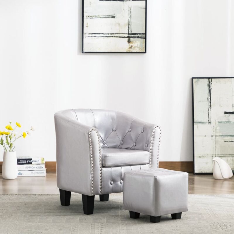 

Sillón diseño de cubo y reposapiés piel sintética plata brillo - Plateado