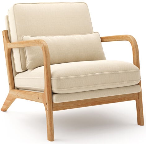 Sillón Bealife Butaca de Madera con Cojines de Lino Apto para Salones Dormitorio Rincones de Lectura Balcone 82 x 65 x 75 cm Beige
