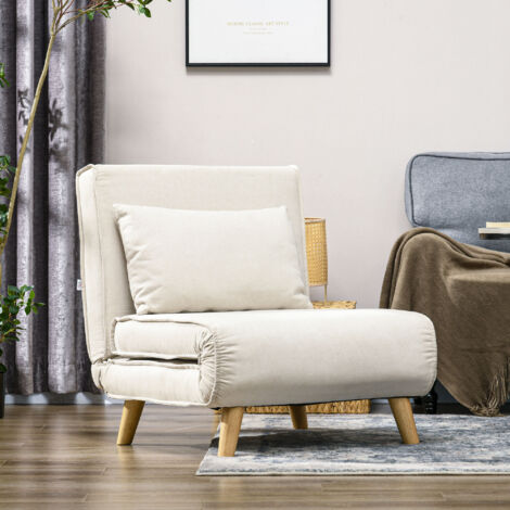 Sillón Cama Individual 2 en 1 Sofá Cama Plegable con Respaldo Ajustable y Cojín para Sala Dormitorio 72x78x79 cm Crema
