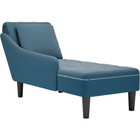 Sillón chaise longue para interior con cojín y apoyabrazos derecho en terciopelo azul botón decorativo DEC026252