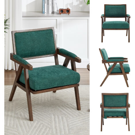 Sillón, chaise longue tapizada, relleno de esponja, ideal para salón, dormitorio o cocina, patas de madera, tapizado en lino, color verde