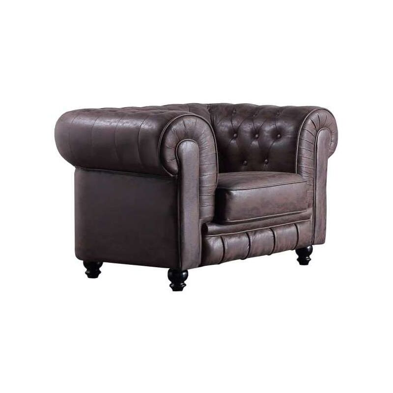 

Sillón Chesterfield en tela Velvet o semil piel 115 cm(ancho) 75 cm(altura) 84 cm(fondo). Color IMITACION CUERO VIEJO CHOCOLATE