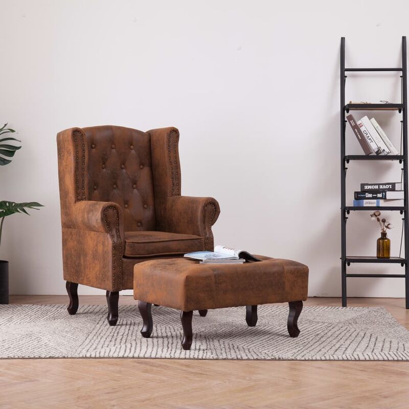 

Sillón Chesterfield y reposapiés piel de ante artificial marrón
