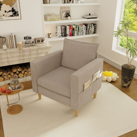 Sillón con bolsillo de almacenamiento y cojín, en chenilla caqui