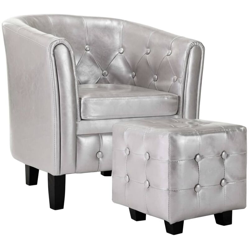 

vidaXL Sillón con Diseño de Cubo y Reposapiés Cuero Sintético Plateado - Plateado