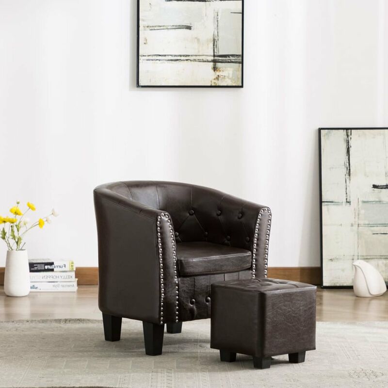 

Happyshopping - Sillon con diseno de cubo con reposapies cuero sintetico marron