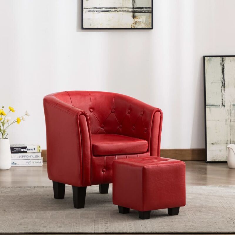 

Sillón con diseño de cubo con reposapiés cuero sintético rojo