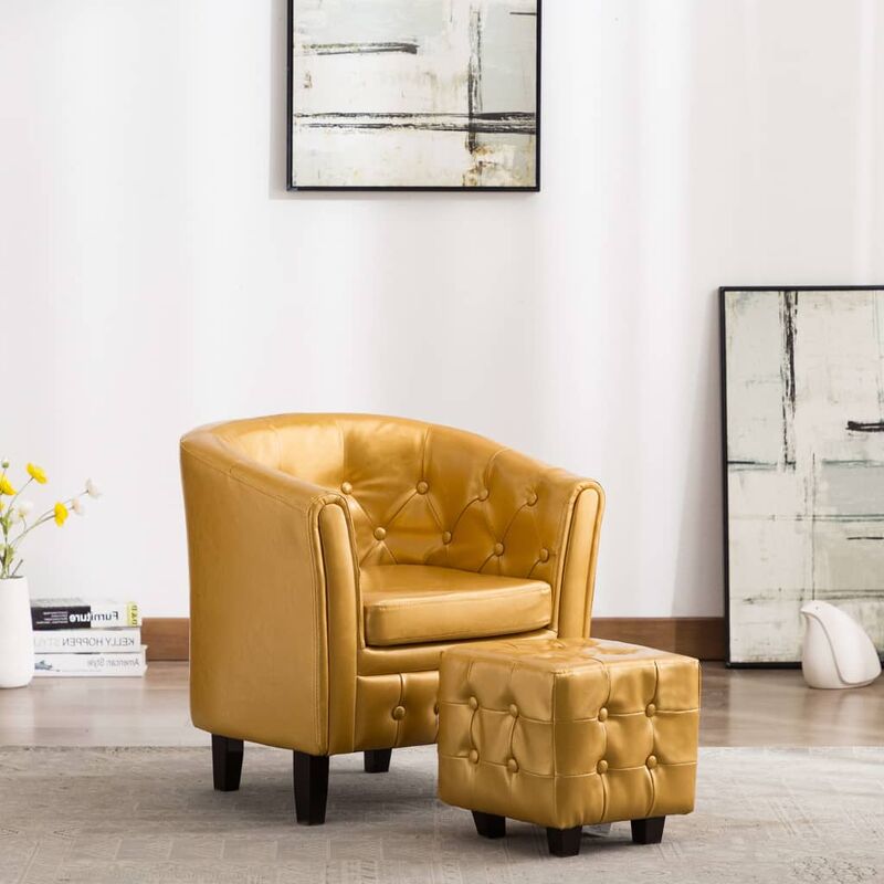 

Happyshopping - Sillon con diseno de cubo y reposapies cuero sintetico dorado