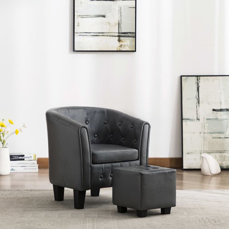 

Happyshopping - Sillon con diseno de cubo y reposapies cuero sintetico gris