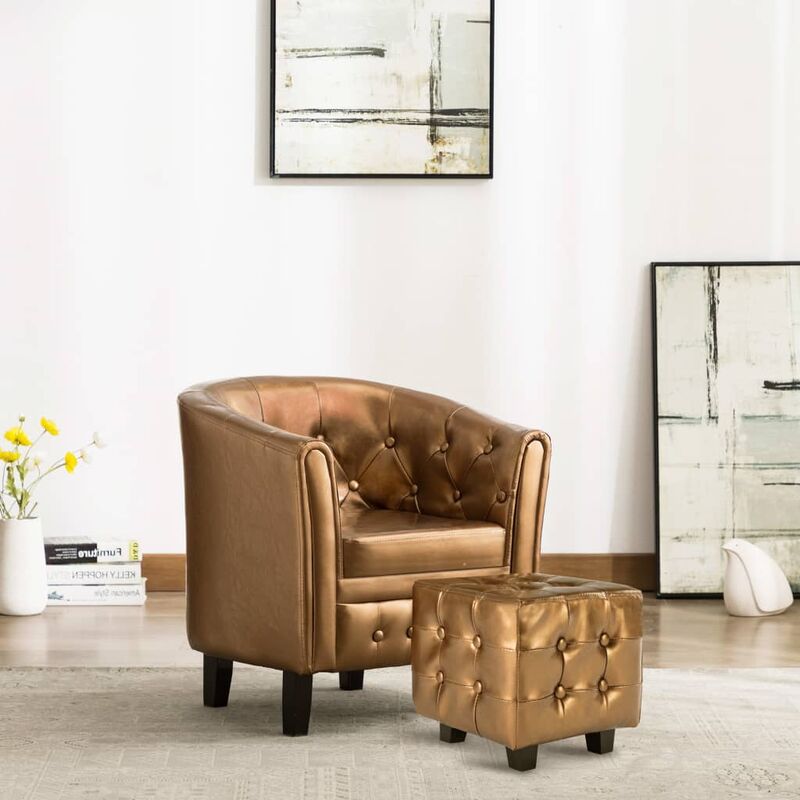 

Happyshopping - Sillon con diseno de cubo y reposapies cuero sintetico marron