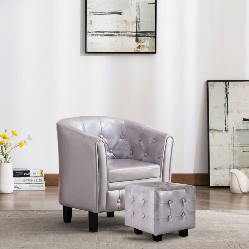 

Sillón con diseño de cubo y reposapiés cuero sintético plateado