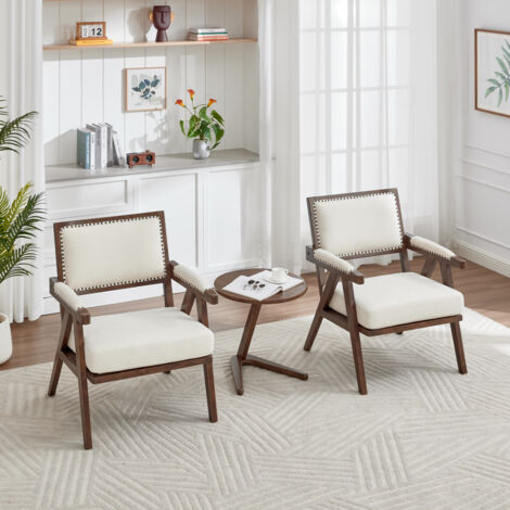 Sillón con estructura de madera y tapizado 66.5x66x88cm Estilo Mid Century Lino color beige