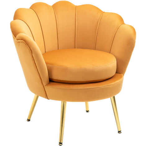 Sillón con forma de concha, sillón vintage, sillón para dormitorio y sala de estar, diseño elegante, con respaldo alto, 76 x 67 x 74 cm, amarillo