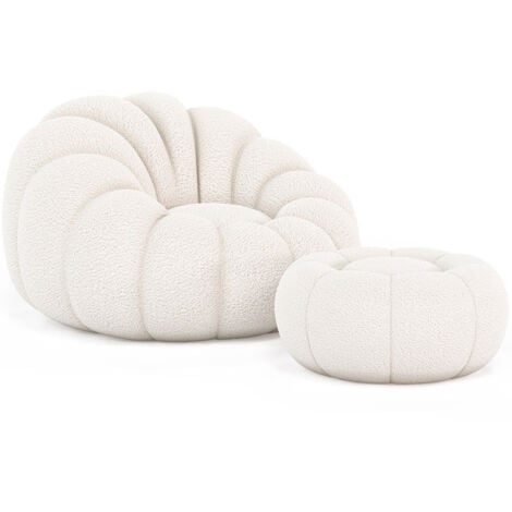 PRIVATEFLOOR Sillón con Otomán Tapizado - Bouclé Blanco - Rubi