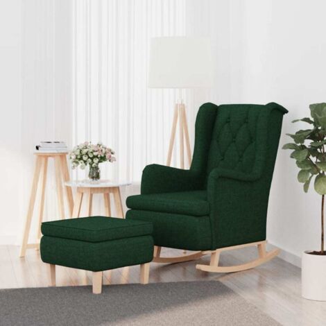 Sillón con patas mecedoras y taburete de tela verde oscuro