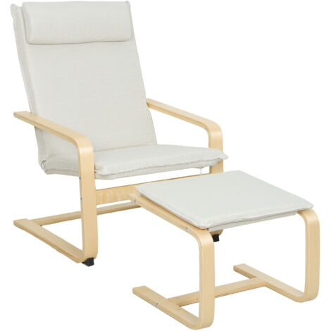 Sillón con Reposapiés Sillón Lectura con Respaldo Alto Reposacabezas Extraíble Patas  y Tapizado en Lino Crema