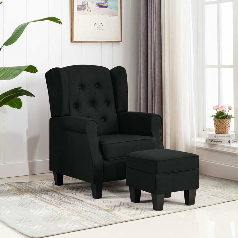 

Happyshopping - Sillon con taburete reposapies de tela negro
