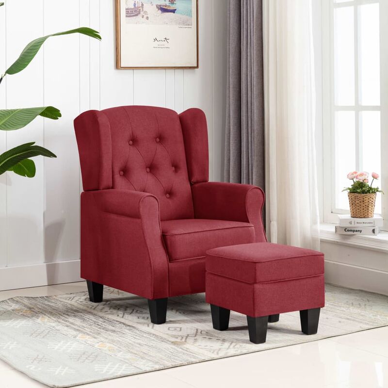 

Sillón con taburete reposapiés de tela rojo tinto