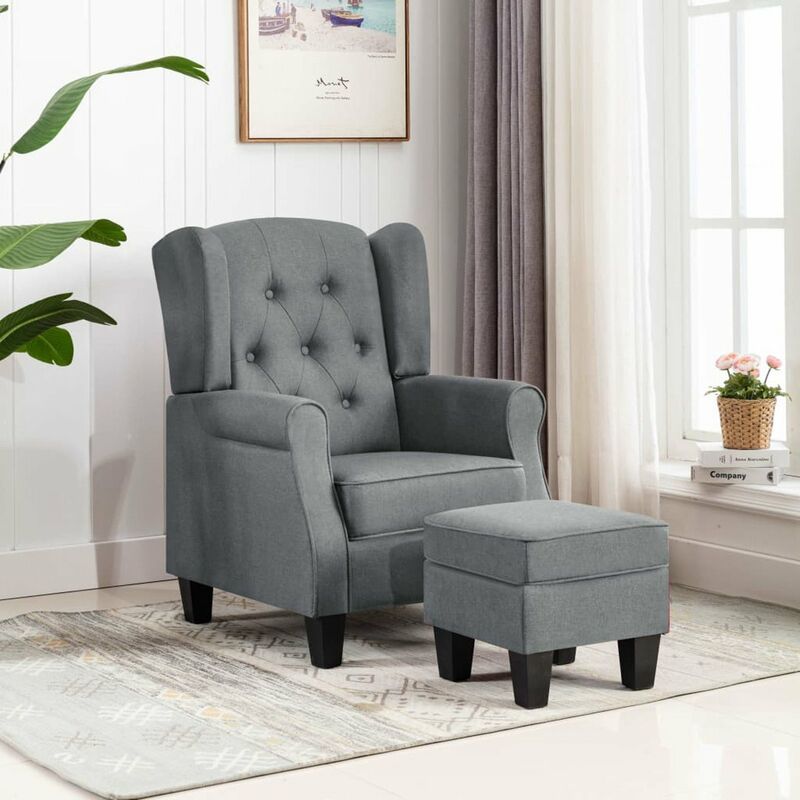 

Happyshopping - Sillon con taburete reposapies tela gris claro