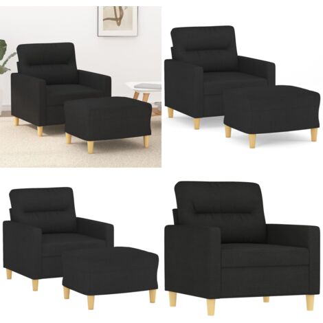 Sillón con taburete tela negro 60 cm - Sofá con reposapiés - Asiento cómodo