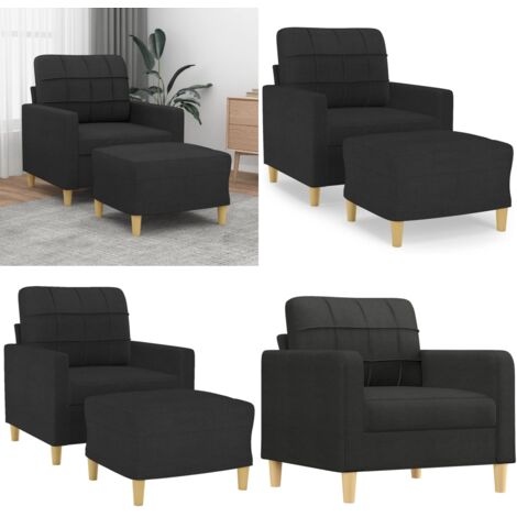 Sillón con taburete tela negro 60 cm - Sofá con reposapiés - Asiento cómodo