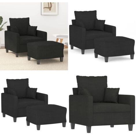 Sillón con taburete tela negro 60 cm - Sofá con reposapiés - Asiento cómodo