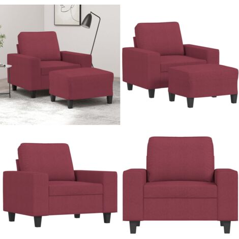 Sillón con taburete tela rojo tinto 60 cm - Sofá con reposapiés - Asiento cómodo