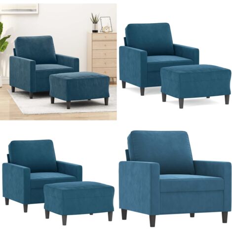 Sillón con taburete terciopelo azul 60 cm - Sillón azul - Sillón terciopelo