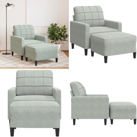 Sillón con taburete terciopelo gris claro 60 cm - Sofá con reposapiés - Terciopelo gris claro