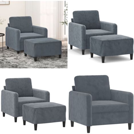 Sillón con taburete terciopelo gris oscuro 60 cm - Sofá con reposapiés - Terciopelo gris oscuro