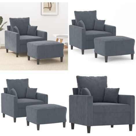 Sillón con taburete terciopelo gris oscuro 60 cm - Sofá con reposapiés - Terciopelo gris oscuro