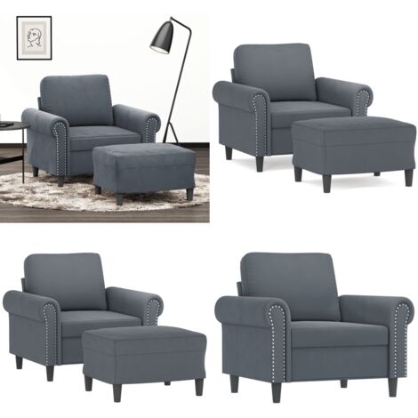Sillón con taburete terciopelo gris oscuro 60 cm - Sofá con reposapiés - Terciopelo gris oscuro