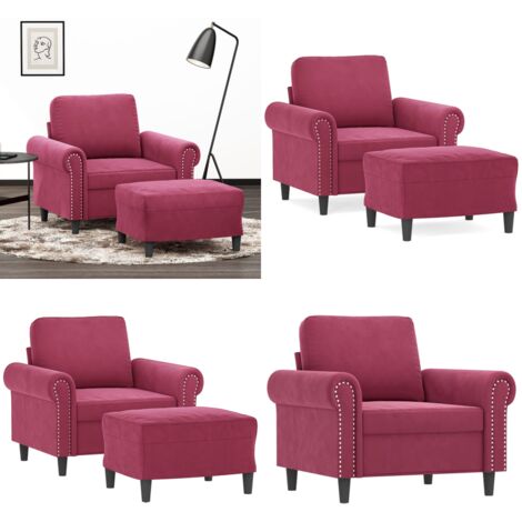 Sillón con taburete terciopelo rojo tinto 60 cm - Sofá con taburete - Terciopelo rojo