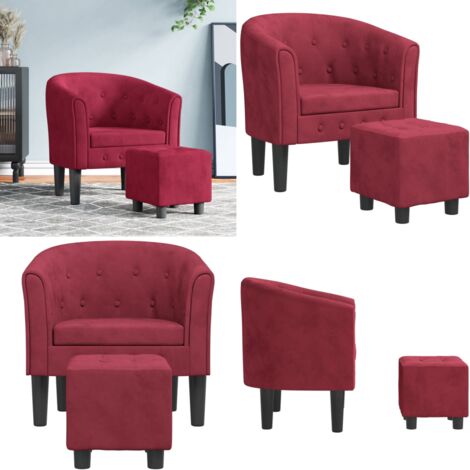 Sillón con taburete terciopelo rojo tinto - Sillón decorativo - Sillón con respaldo