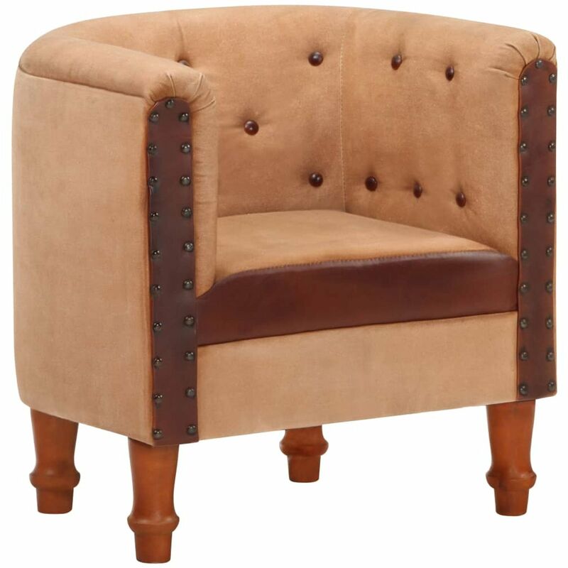 

Happyshopping - Sillon cubico de cuero autentico y madera maciza mango marron