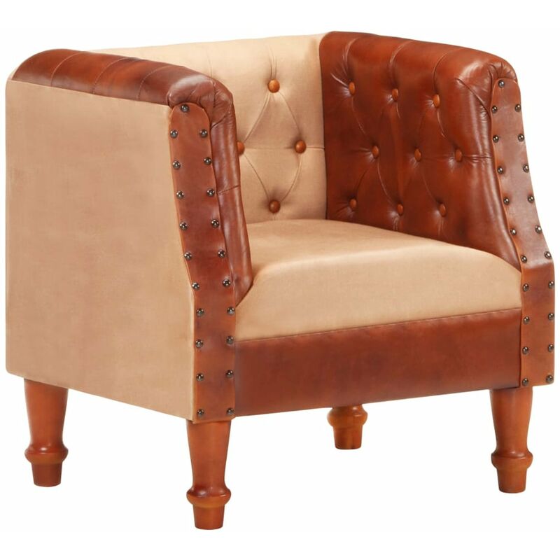 

Happyshopping - Sillon cubico de cuero autentico y madera maciza mango marron