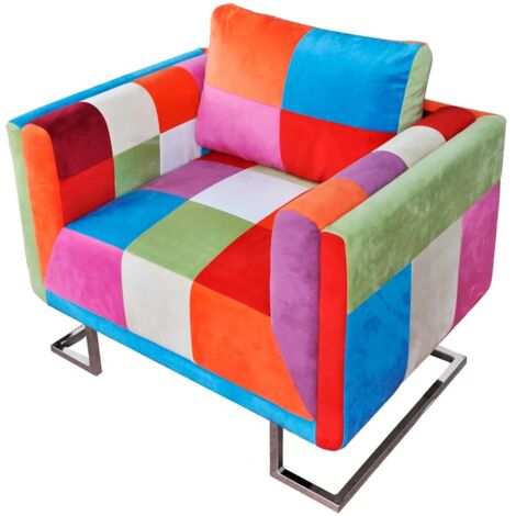 Sillón cubo con diseño de retales tela Patchwork patas cromadas