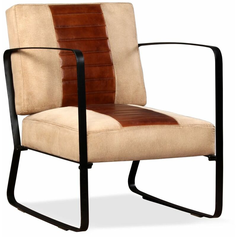 

Happyshopping - Sillon de cuero autentico y lona marron