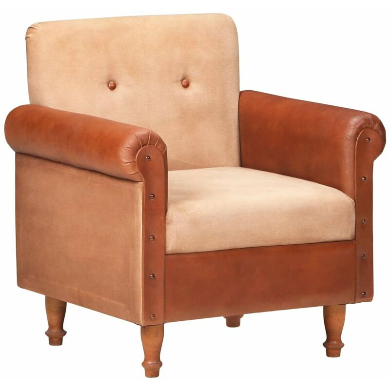 

Happyshopping - Sillon de cuero autentico y lona marron