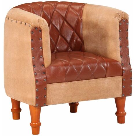 Sillón de cuero auténtico y madera maciza de mango marrón