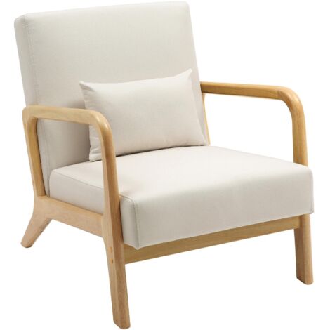 Sillón de diseño escandinavo en madera clara con cojines tapizados en color crema – Natural comfort 100008233