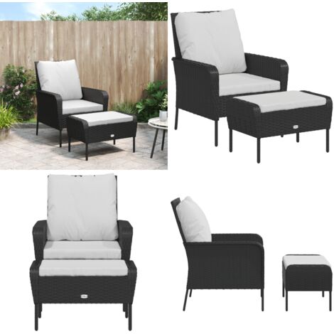 Sillón de jardín con reposapiés ratán sintético negro - Reposapiés - Ratán sintético