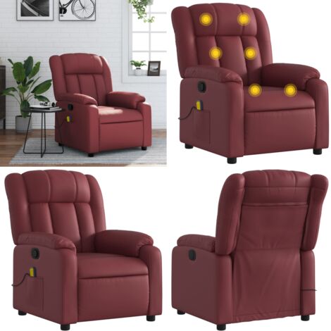 Sillón de masaje reclinable cuero sintético rojo tinto - Masaje de vibración - Reposapiés reclinable