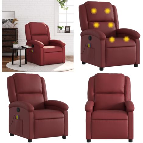 Sillón de masaje reclinable cuero sintético rojo tinto - Masaje de vibración - Reposapiés reclinable