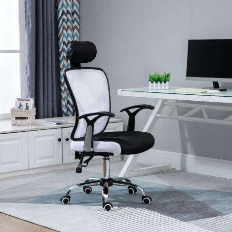 Sillón de oficina de malla, altura regulable, respaldo reclinable, 62 × 67 × 118 cm, negro/blanco