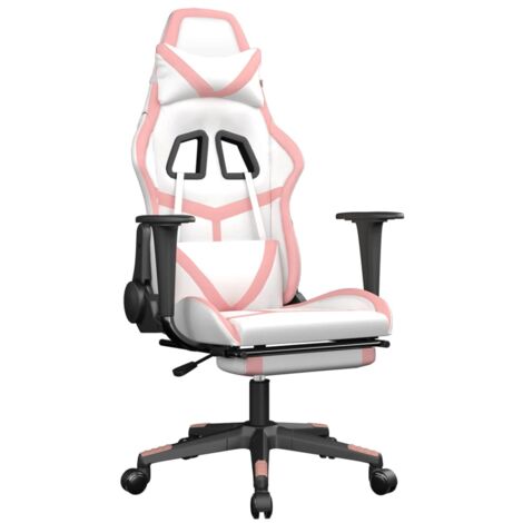 Sillón de oficina silla gaming con cojín lumbar con reposapiés en PVC blanco y rosa DEC025832