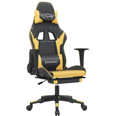 Sillón de oficina silla gaming con cojín lumbar y reposapiés en PVC dorado y negro DEC025876