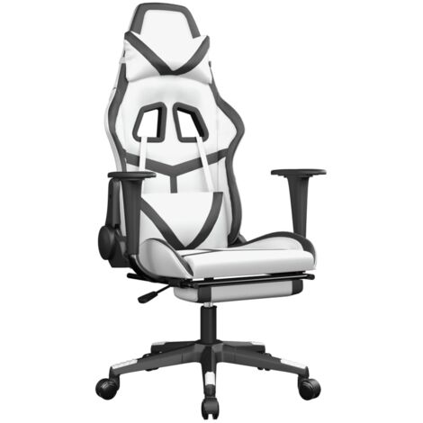 Sillón de oficina silla gaming con ruedas y reposapiés de PVC blanco y negro DEC025740
